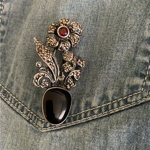 VTG Markasite Onyx Garnet  Brooch with Sterling Silver 925 marked